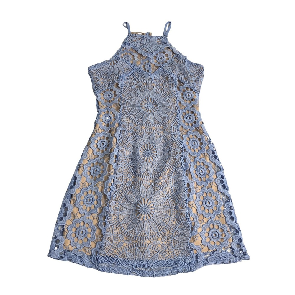 Francesca's‎ Crochet Mini Dress Womens Small Blue Halter Floral Lace Boho Party